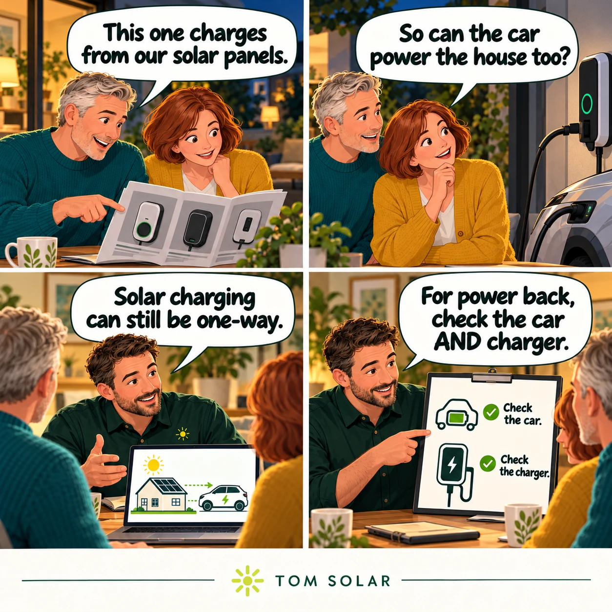 Comic: a couple discover that charging a car from solar does not mean the car can send electricity back to the house.
