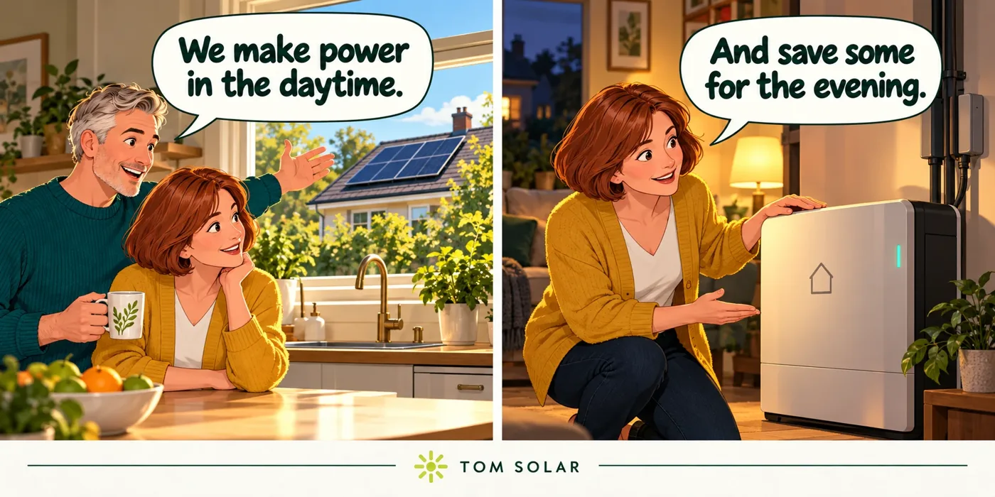 Comic couple explaining daytime solar generation and storing some energy for the evening.
