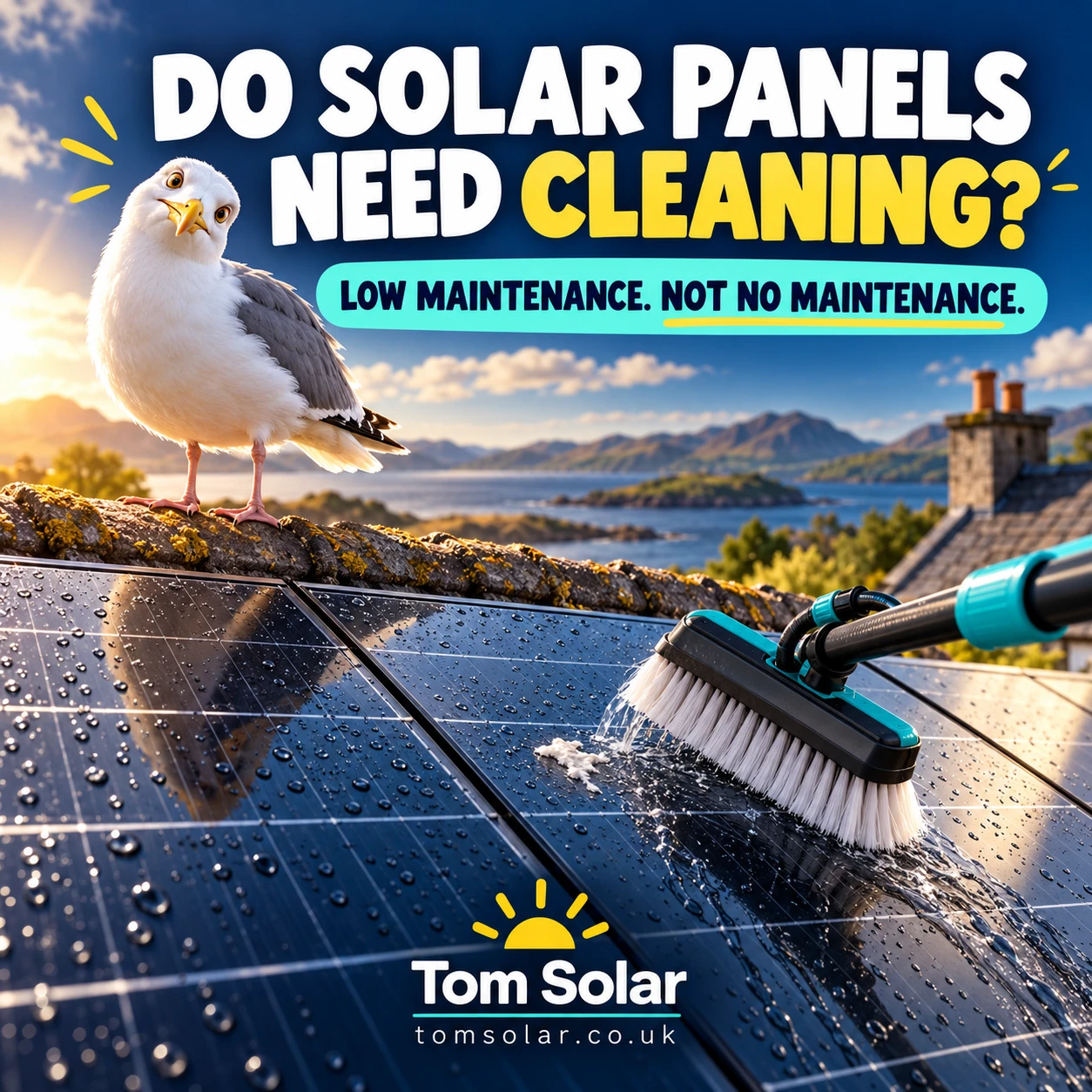 Illustration of a seagull beside rooftop solar panels and a soft water-fed cleaning brush